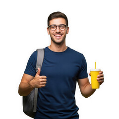 A man in a blue shirt and glasses holds a banana and gives a thumbs-up. isolated on transparent background