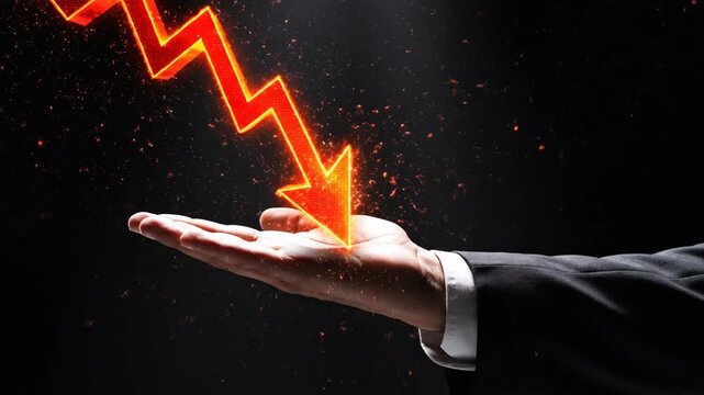 Animated glowing red chart arrow crashes into a businessman's open palm, symbolizing financial crisis, market decline, and economic recession.