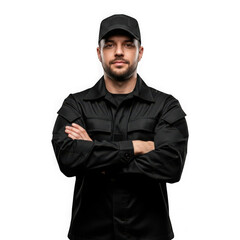 A confident man in a black shirt and cap standing with arms crossed. isolated on transparent background