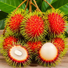 Fresh lychees with green and red skin, some cut open to reveal white pulp and seed on wooden surface