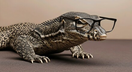Obraz premium Unique wildlife portrait of monitor lizard varan in glasses showcasing quirky reptile character and personality