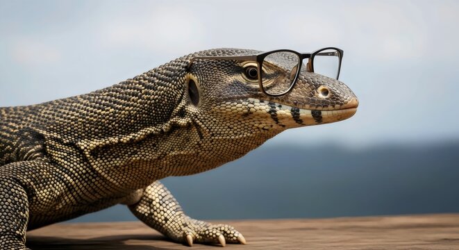 Funny reptile character featuring monitor lizard varan in glasses showcasing unique exotic animal portrait