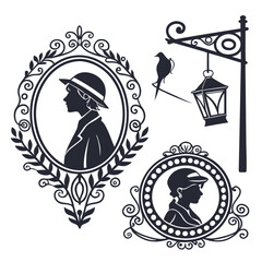 Naklejka premium Elegant black and white illustrations of a woman's portrait and lanterns in ornate frames