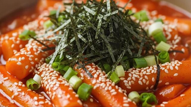 Closeup of spicy korean tteokbokki garnished with fresh green onions and seaweed