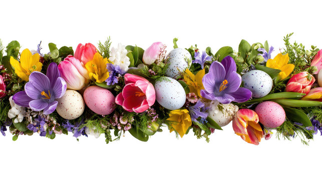 Colorful spring flower border with decorated eggs and fresh greenery, arranged as a horizontal centerpiece strip suitable for headers and cards with soft shadow isolated on transparent background