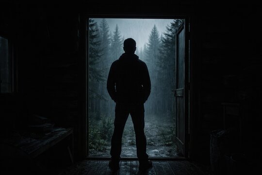 A man standing with his back to us looking out into a forest through an open doorway.