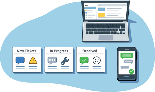 Streamlined Support Workflow. Clean customer support workflow concept viewed from above with generic laptop inbox tiles message