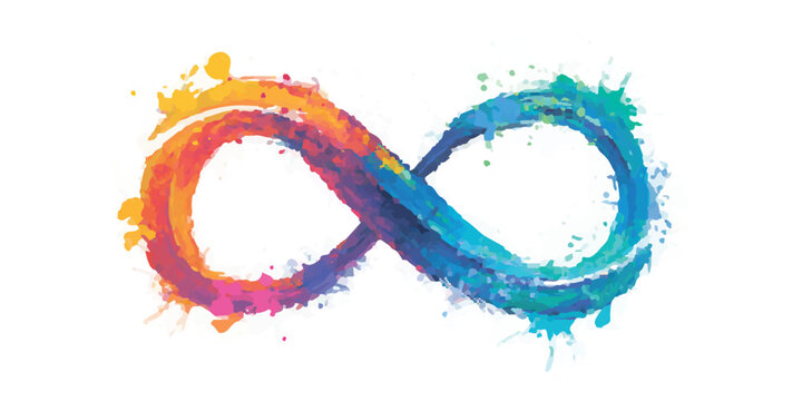 colorful watercolor infinity symbol with gradient from warm orange to cool blue tones isolated background.