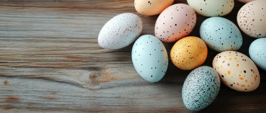 Colorful speckled eggs arranged on a wooden table during spring celebrations