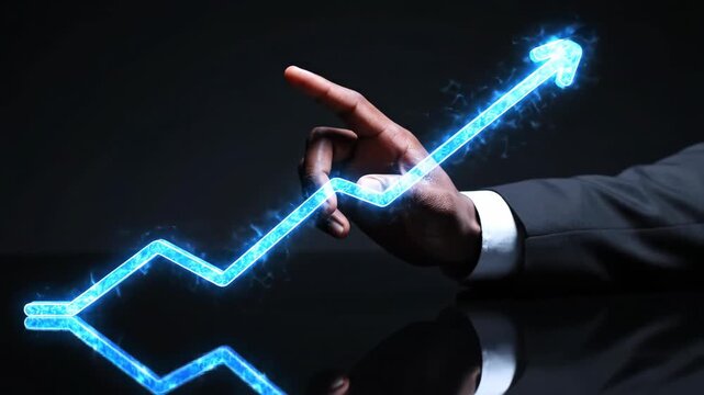 Black businessman draws illuminated blue electric rising arrow chart on reflective black table, visualizing financial growth and success