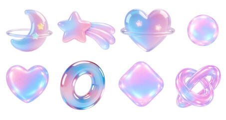 Fantasy Icons Set &ndash;Glossy Jelly Hearts, Stars and Abstract Shapes in Pastel 3D Style