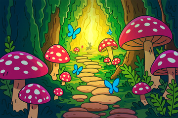 fantastic landscape . Forest with mushrooms and butterflies. illustration to the fairy tale "Alice in Wonderland"	
