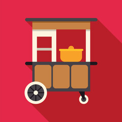Food cart illustration offering takeaway street food on a vibrant red background © anatolir