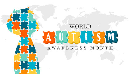World Autism Awareness Month Concept with Puzzle Pieces and World Map Illustration