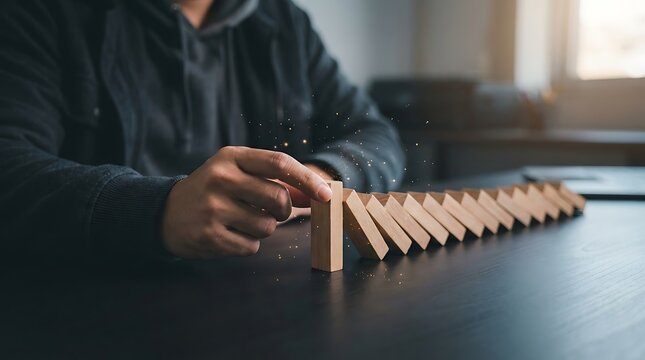 Man stopping dominoes from falling, symbolizing risk management and decision making