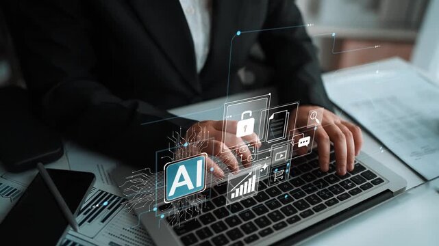 Person in business attire typing on laptop with graphical interface featuring AI symbols and security icons, concept of digital technology in modern work Gluon.