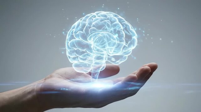 Holographic brain projection glowing neural network above open palm hand, futuristic neuroscience
