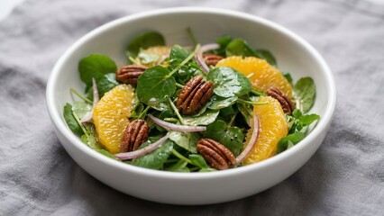 Fresh Watercress Salad with Segments of Orange and Toasted Pecans in a White Bowl