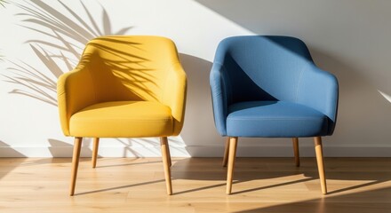 Two modern armchairs in contrasting colors on a wooden floor