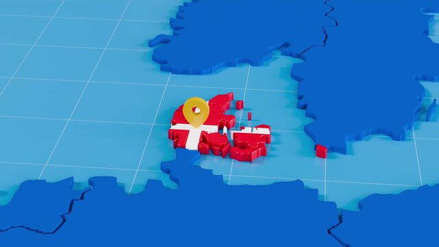 3D motion render of Europe map where Denmark is highlighted with national flag colors. A location pin smoothly appears, symbolizing travel or focus on destination.
