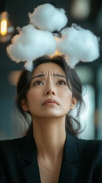 Woman sitting in a cafe with clouds above her head during a thoughtful moment in a busy city