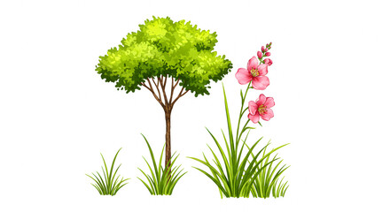 Obraz premium Serene digital illustration of flowers, tree, and grass in a lush landscape from a frontal viewpoint like 25419.JPG