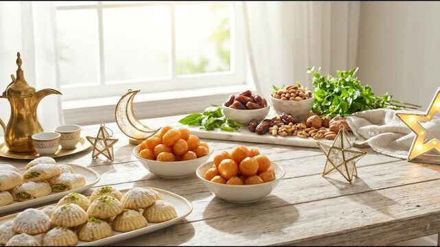 Traditional Ramadan and Eid table setting with Maamoul sweets, dates, Luqaimat, and golden Arabic coffee Dallah near window