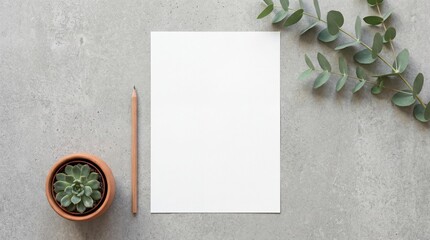 Minimalist workspace with blank paper, succulent, and eucalyptus leaves