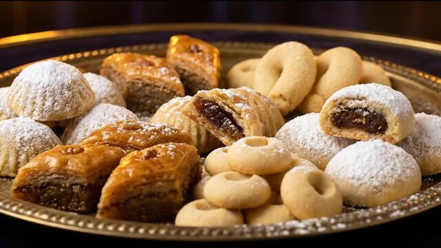 Assorted Middle Eastern pastries on golden tray including baklava and maamoul with date filling being dusted with powdered sugar for Eid celebration