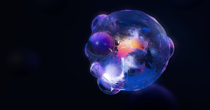 3D render of abstract quantum energy core with glowing internal light. Digital illustration of organic glass sphere with liquid motion and neon reflections on dark background. Premium tech art.