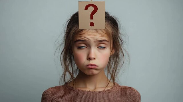 Confused girl with question mark sign on her head in a simple indoor setup