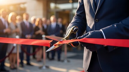 Grand Opening Ceremony - Businessman Cuts Red Ribbon with Scissors.
