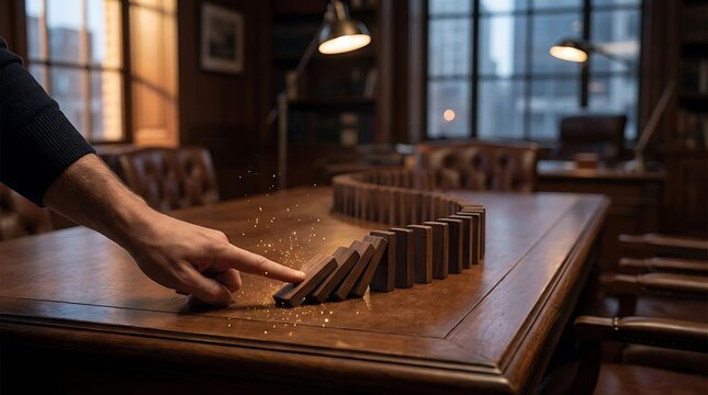 Hand Pushing Dominoes in a Curved Line on a Wooden Table.