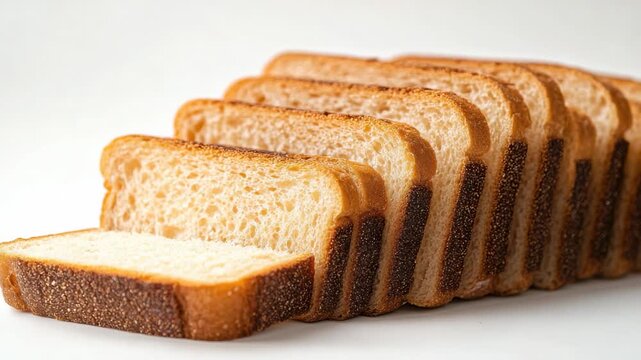 Slices of bread lined up on a table for making sandwiches or toast in a bright kitchen setting