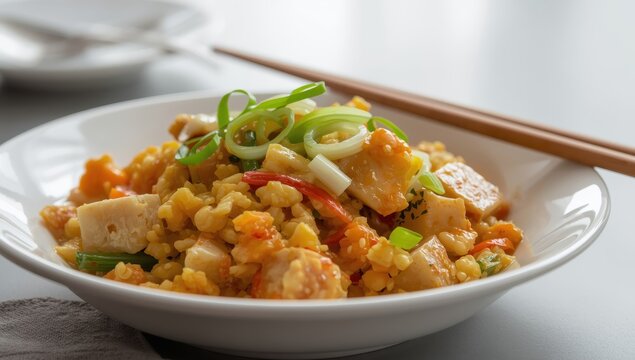 Orak arik, an Indonesian dish featuring eggs, tofu, spring onions, and assorted vegetables, presented on a ceramic plate with chopsticks in a close-up