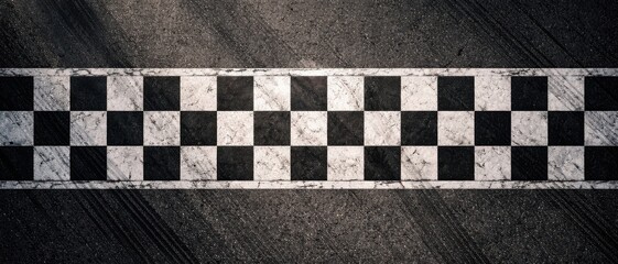 Obraz premium Finish Line Checkered Pattern on Asphalt Race Track with Tire Marks Top View