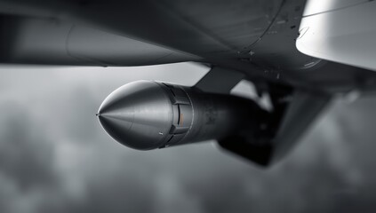 Naklejka premium Detailed shot of a Russian air-to-air missile suspended from a fighter jet wing. Blurred background. Military theme
