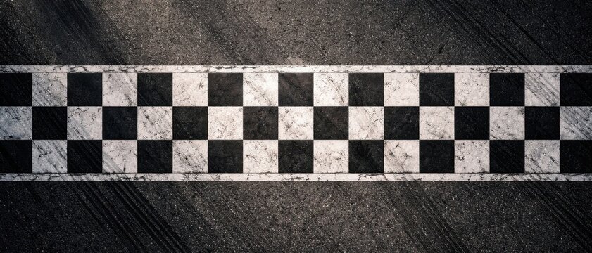  Finish Line Checkered Pattern on Asphalt Race Track with Tire Marks Top View