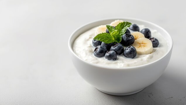 A delightful mix of yogurt, blueberries, banana, and mint in a bowl
