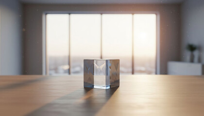 Glass cube sits on wooden table in modern room with large windows showing sunset view over cityscape