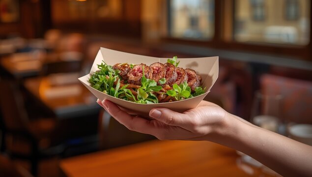 A hand grasping a paper cup of grilled tuna and salad in a relaxed dining atmosphere