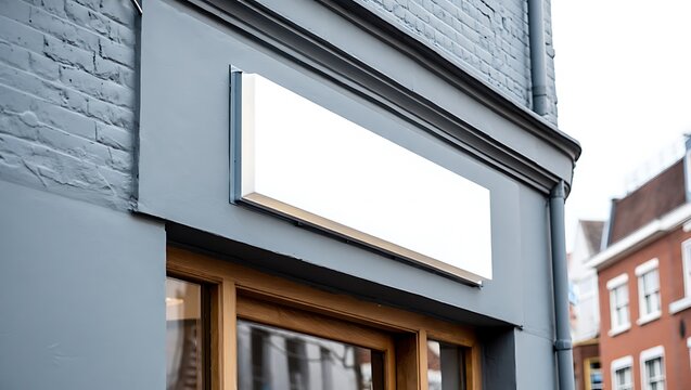 Empty blank white signboard mounted on exterior wall of modern grey brick commercial building facade