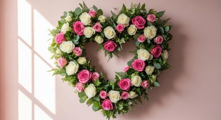 Beautiful floral heart shaped wreath with pink and white roses