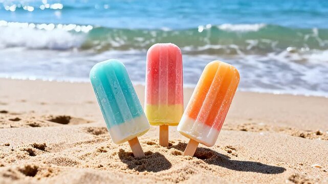 Colorful popsicles on beach sand