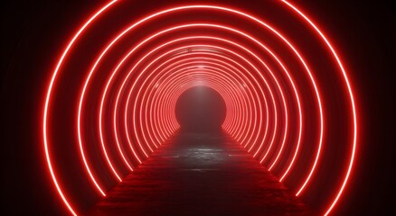 Naklejka premium A person walks through a dark tunnel with vibrant red neon lights