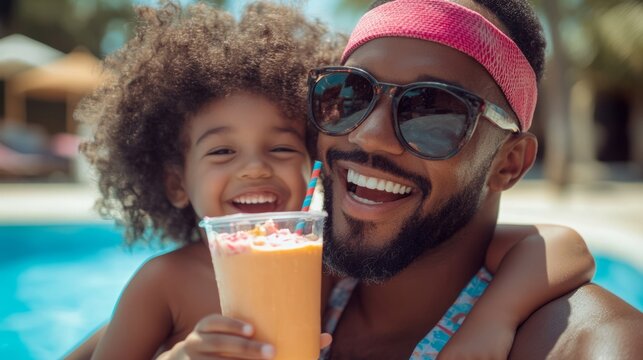 Father and son enjoying a cool drink by pool