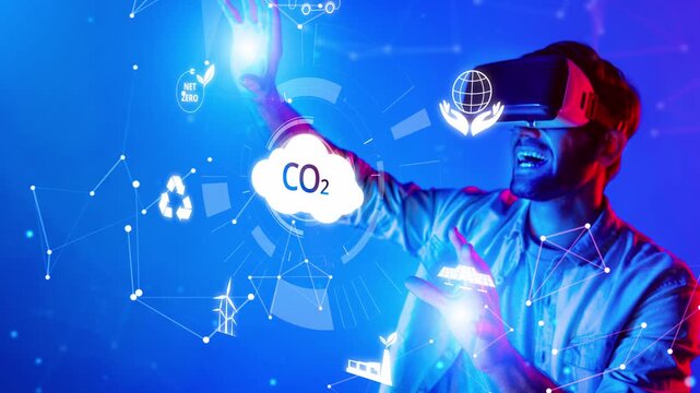 A dynamic scene of a man using a virtual reality headset, immersed in an interactive digital space that emphasizes sustainability and carbon reduction themes, reflecting modern technology. Raster