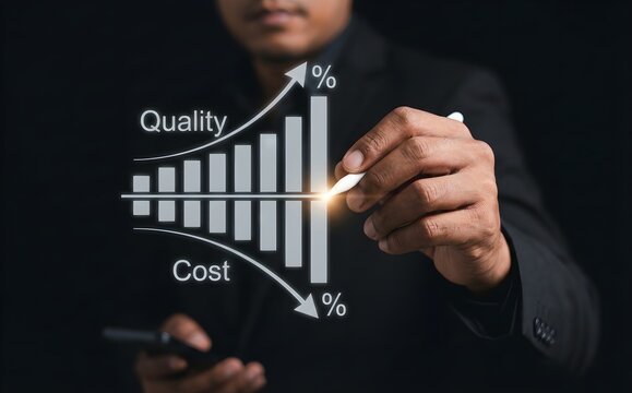 Person's hand draws a bar chart illustrating increasing quality and decreasing cost percentages.