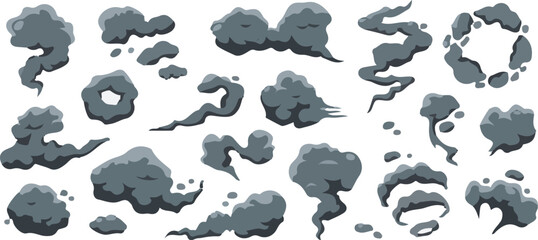 Explosive smoke cartoon clouds. Manga dark smoke puffs and swirling cloud. Bomb smoky explosions, dust and vapor steam for comic scene, fire blast effect and car exhaust.   © Laiba