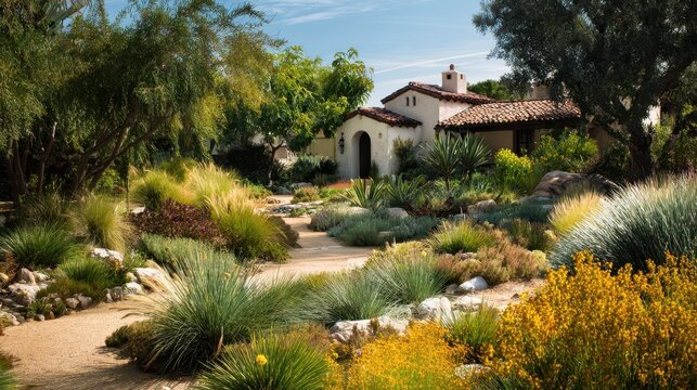 Idyllic Spanish-style villa surrounded by a lush, drought-tolerant garden with gravel pathways.